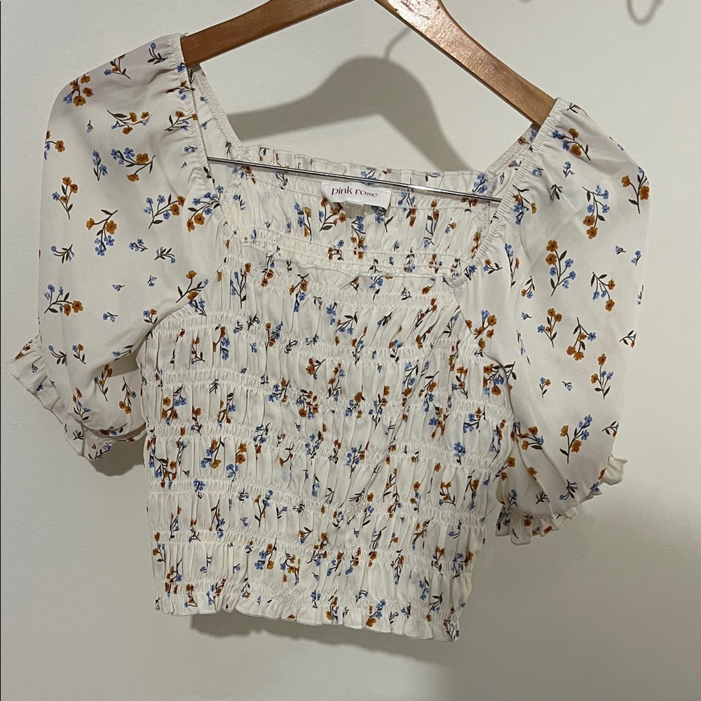 Pink Rose Floral Smocked Blouse - White and Blue